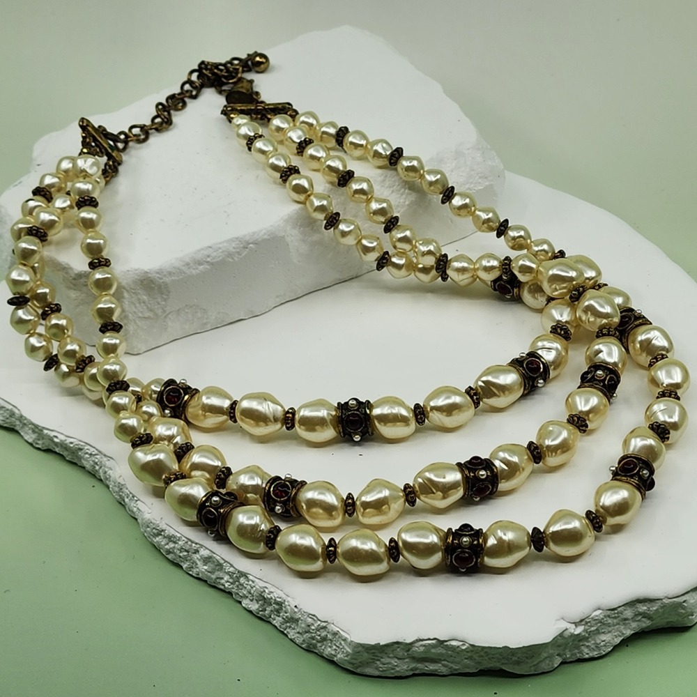 Chico's Pearl 3 Strand Necklace Antique Gold Tone Red Bead Statement Jewelry